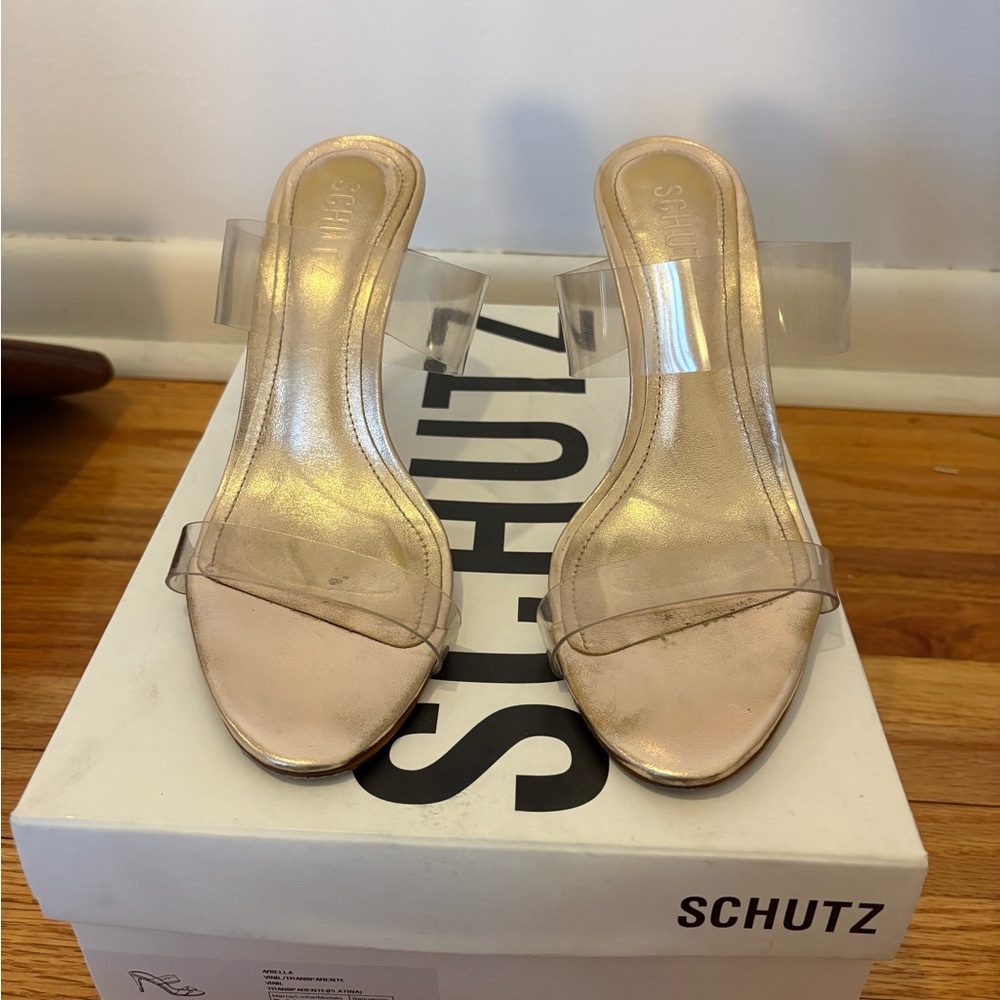 SCHUTZ Ariella Metallic Gold Heels with Clear Straps (size 7.5)